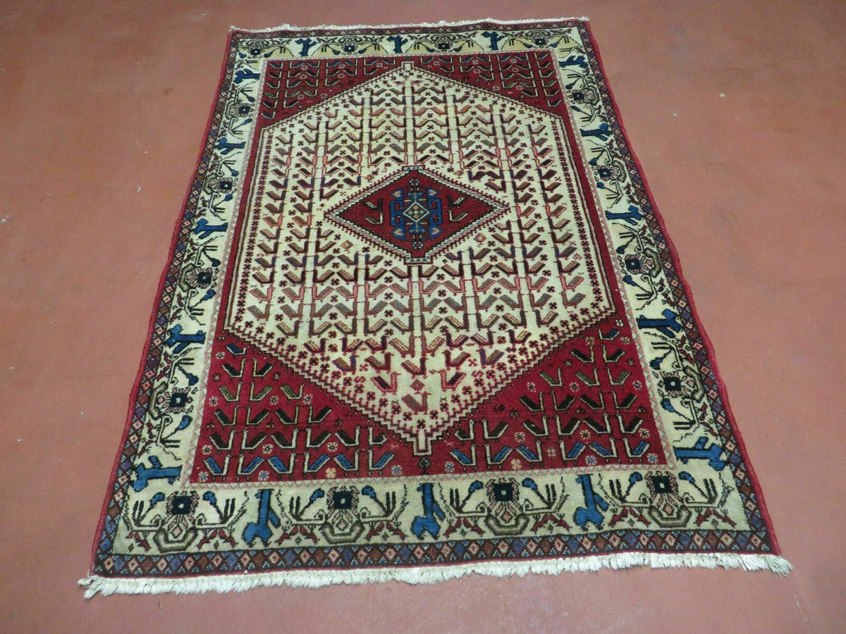 3' X 5' Vintage Handmade India Geometric Oriental Wool Rug Nice Birds Ivory Red - Jewel Rugs, view 2