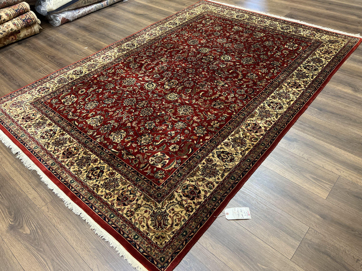 Vintage Indo Persian Rug 6x9, Very Finely Hand-Knotted Carpet 6 x 9 Red Cream Indian Oriental Carpet, Traditional Floral Wool Area Rug 1970s - Jewel Rugs, view 2