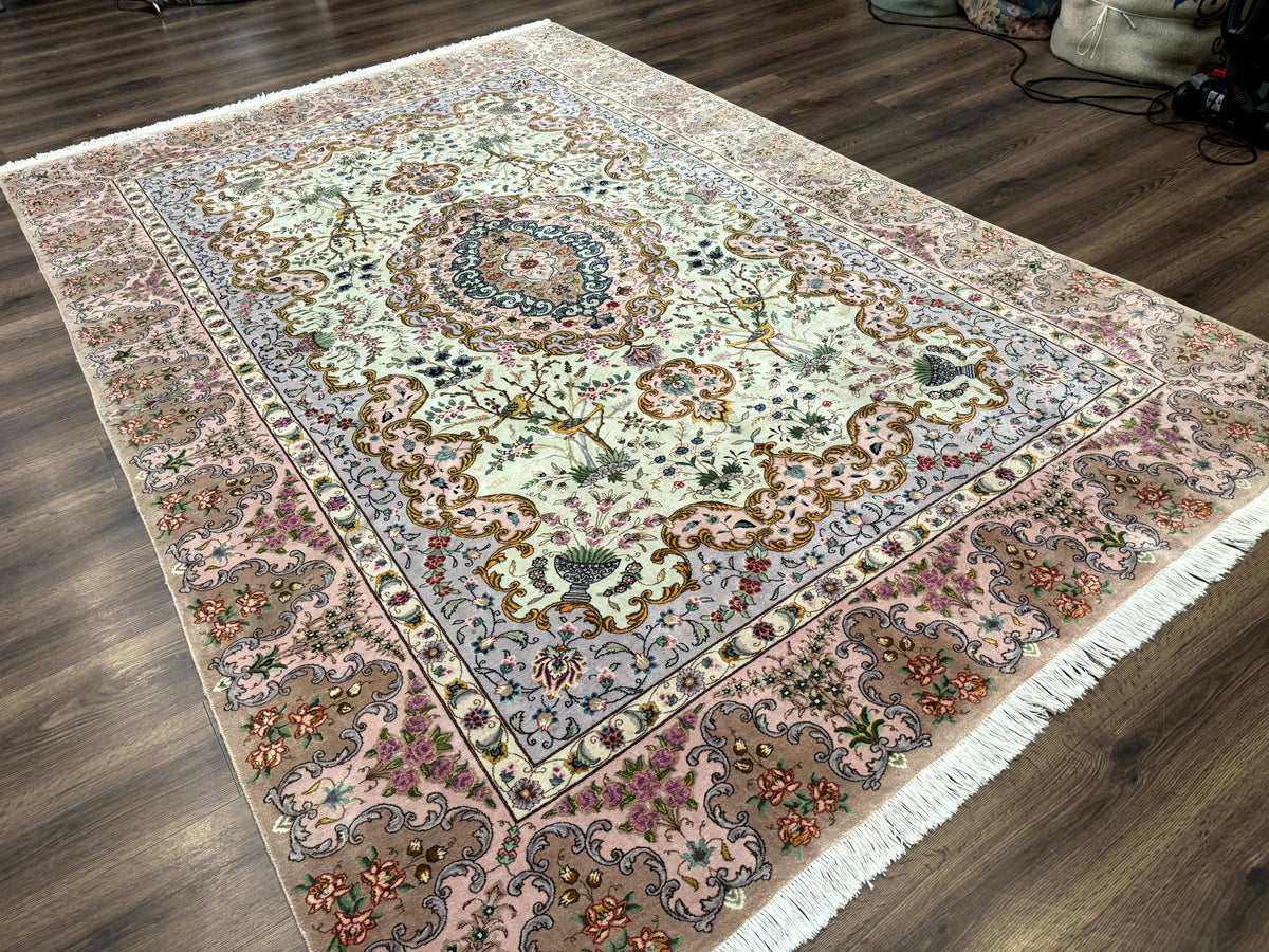 Wonderful Persian Tabriz Rug 7x10, Very Fine 330 KPSI, Light Green Light Blue Pink, Kork Wool Silk Foundation, Bird Pictorials - Jewel Rugs, view 13