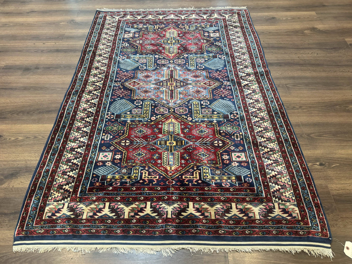 Indian Rug with Caucasian Design, 4x6 Geometric Carpet, Navy Blue and Cream - Jewel Rugs, view 2
