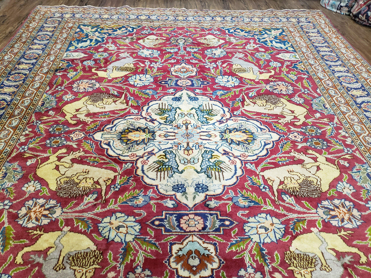 Antique Turkish Sivas Area Rug 8x11, Hand-Knotted, Vintage Red Wool Carpet, Gazelles Lions, Boteh Border, 8' x 11' Top Quality Oriental Rug - Jewel Rugs, view 5
