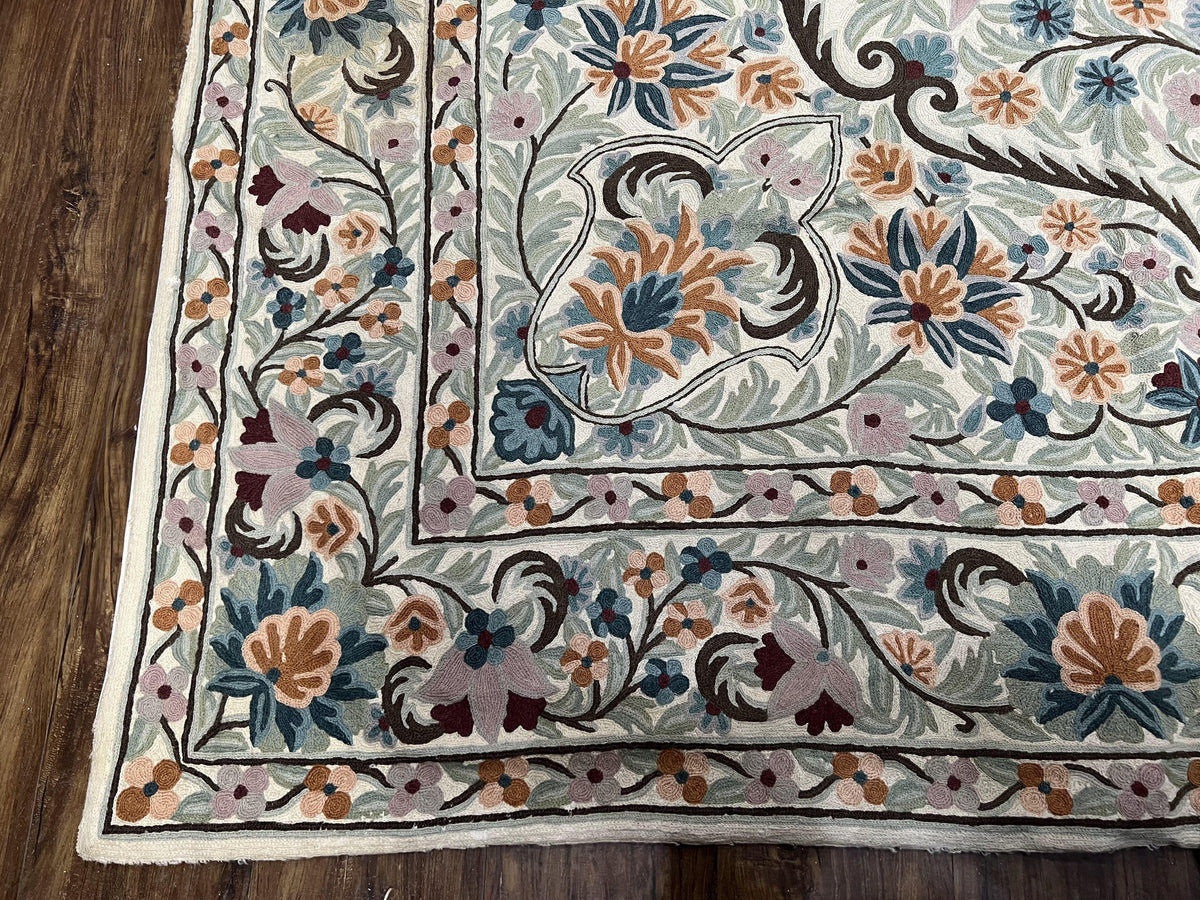 Chain Stitched Rug 9x12 Vintage Carpet 9 x 12 Flatweave Rug, Ivory Teal Rug, Area Rug 9 by 12, Hand Stitched Rug, Medallion, Indian Rug - Jewel Rugs, view 9