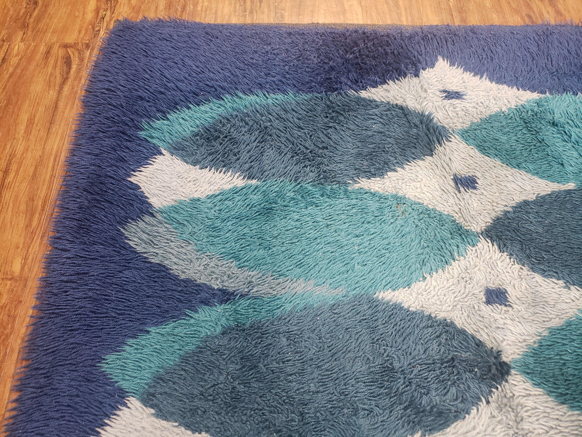 Blue Rya Rug, 1960s Mid-Century Modern Danish Shag Rug 4'6" x 6'7", Ege Rya, Abstract - Jewel Rugs, view 7