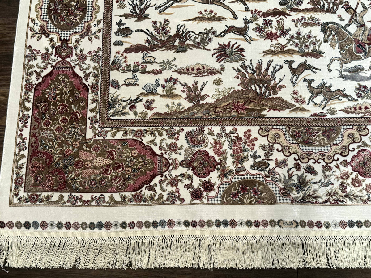 Turkish Silk Rug 5x8, Ivory, Hunting Design, Animal Pictorials, Bamboo Silk - Jewel Rugs, view 9