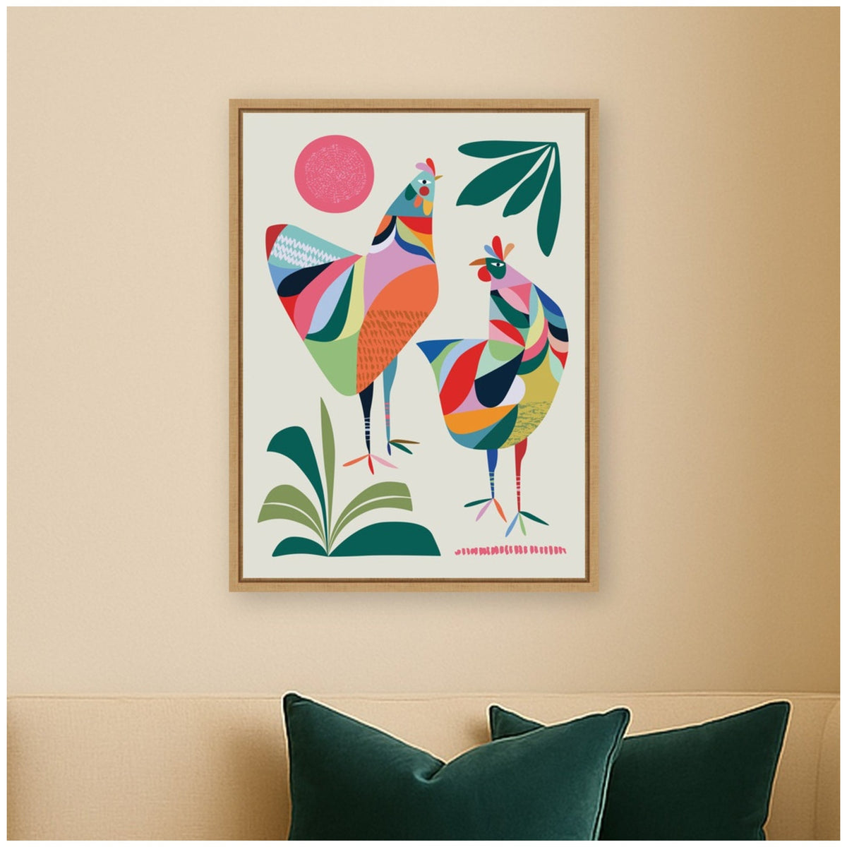 Whimsical Chickens by Rachel Lee 3 Birdies Studio Framed Canvas Wall Art Print