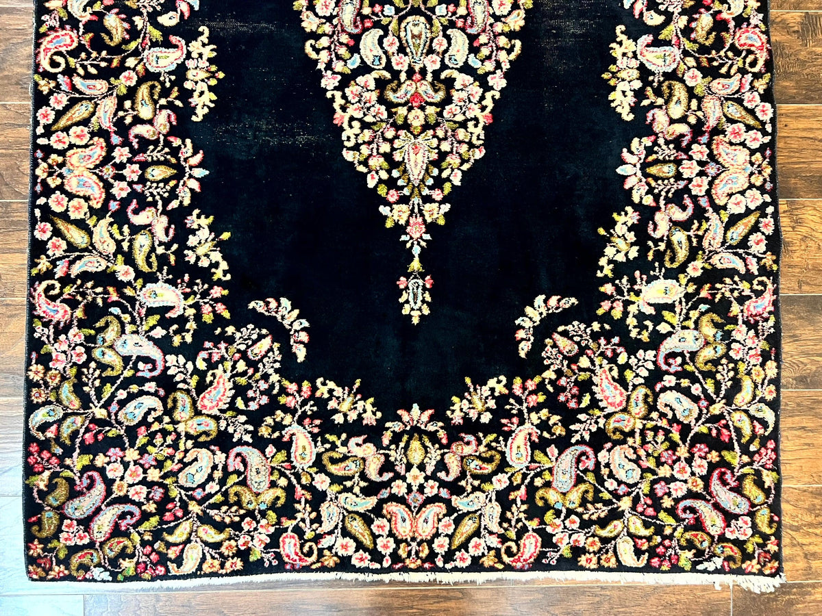 Antique Persian Kirman Rug 5x8, Floral Kirman, Midnight Blue/Black, Semi Open Field, Handmade Vintage Wool Carpet - Jewel Rugs, view 6