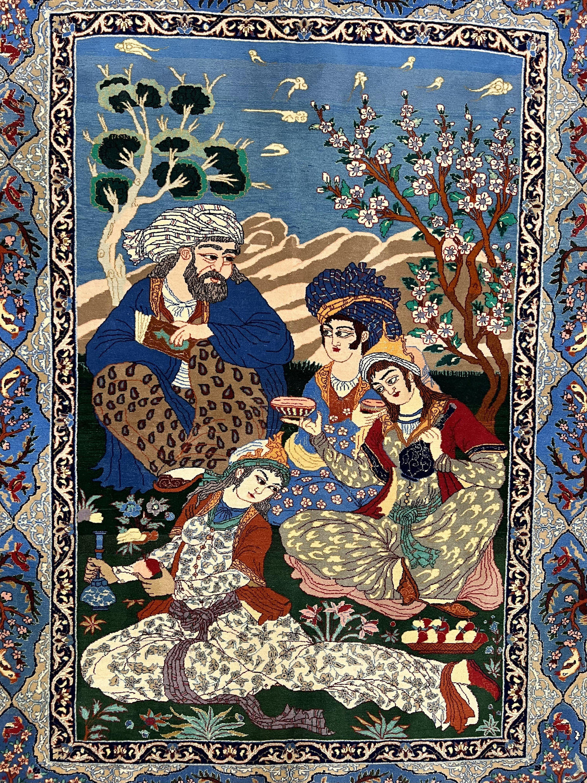 Fine Persian Isfahan Pictorial Rug 3.7 x 5, Kork Wool on Silk Foundation, Blue Persian Carpet, Hand Knotted, Humans Birds, High KPSI, Semi Antique - Jewel Rugs, view 12