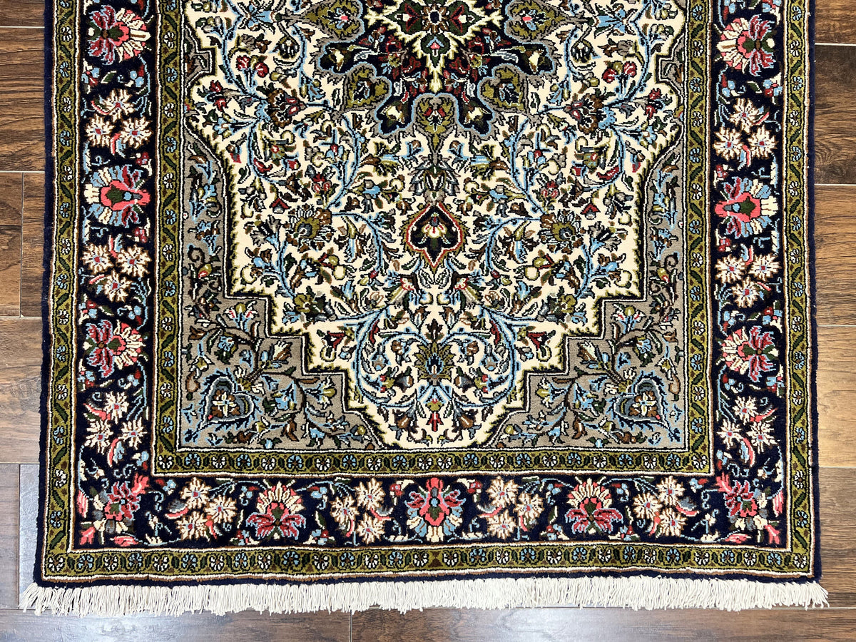 Persian Qum Rug 3x5, Wool with Silk Highlights, Handmade Semi Antique Carpet, Ivory & Navy Blue, Floral Medallion, Finely Hand Knotted - Jewel Rugs, view 5