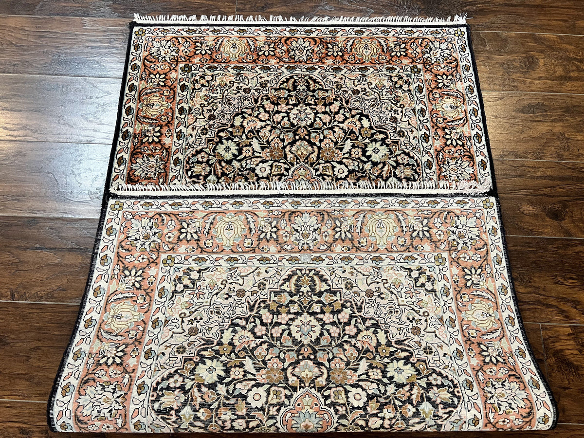 Silk Indian Kashmiri Rug 3x5, Indo Persian Silk on Silk Carpet, Very Fine 350 KPSI, Navy Blue, Handmade, Floral Medallion - Jewel Rugs, view 11