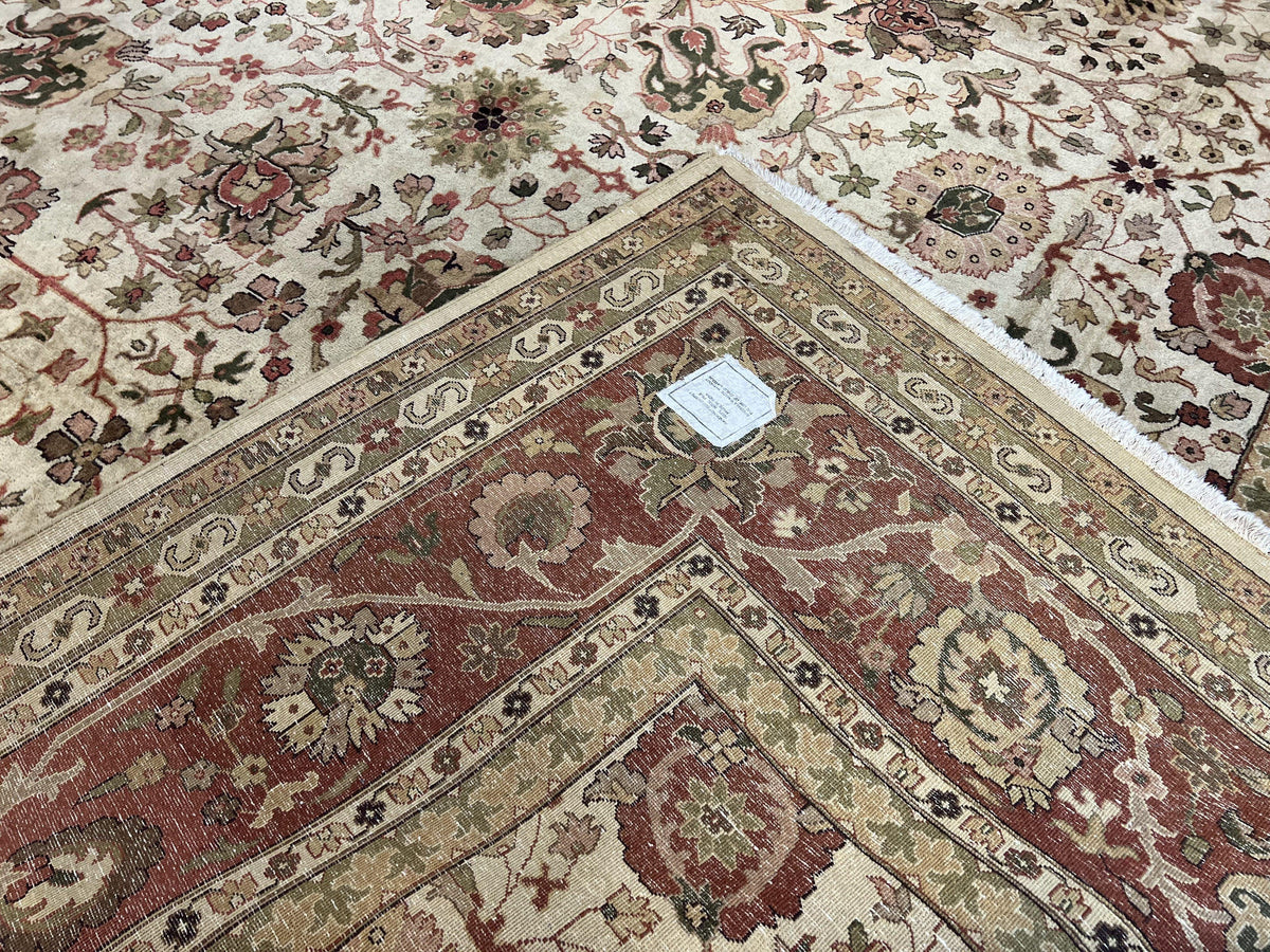 Large Indian Rug 10x14, Hand Knotted Indo Persian Gandehar Oriental Carpet, Vintage Wool Rug 10 x 14 ft Cream Red Floral Allover Traditional - Jewel Rugs, view 12