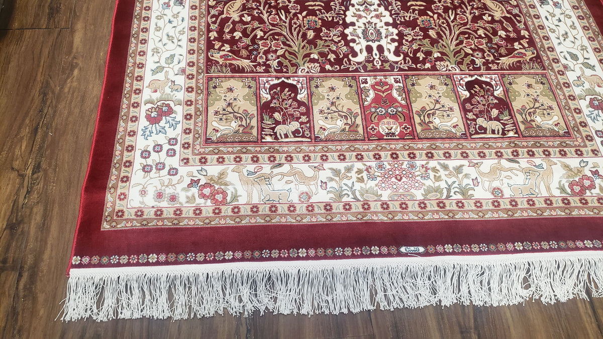 Silk Carpet 4x6 Dark Red & Cream, Tree of Life Rug, Animal Motifs, Birds Deer Rabbits, All Bamboo Silk, 4 x 6 Silk Area Rug - Jewel Rugs, view 11
