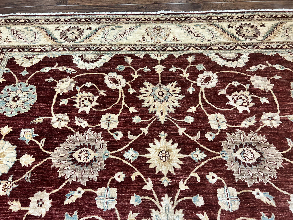 Peshawar Rug 9x11, Pakistani Oriental Carpet, Maroon and Beige, Floral Allover, Wool Hand Knotted Handmade Vintage Rug - Jewel Rugs, view 3