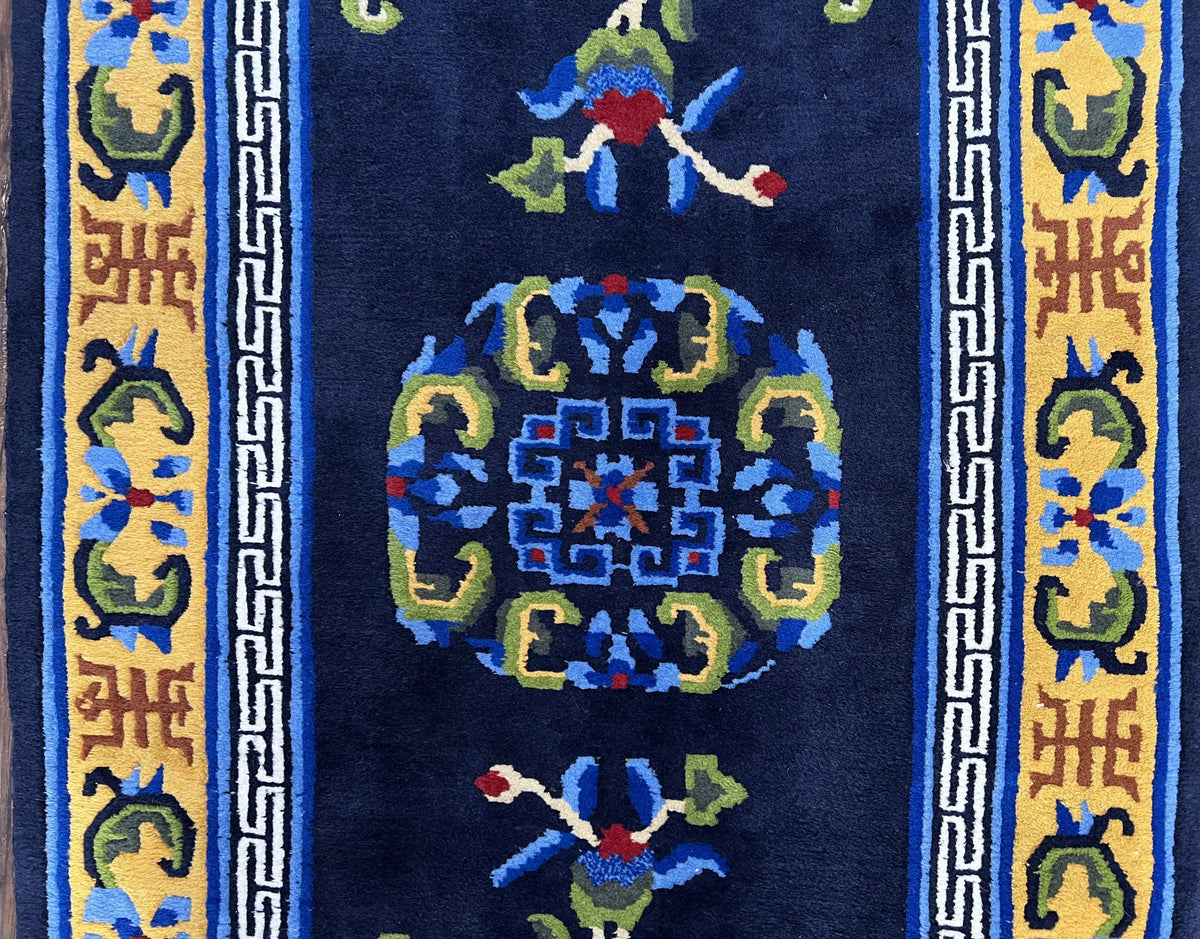 Chinese Art Deco Rug 3 x 5.9, Handmade Chinese Peking Carpet, Dark Blue and Gold, Medallion, Asian Oriental 3x6 Hand Knotted Vintage Rug - Jewel Rugs, view 5
