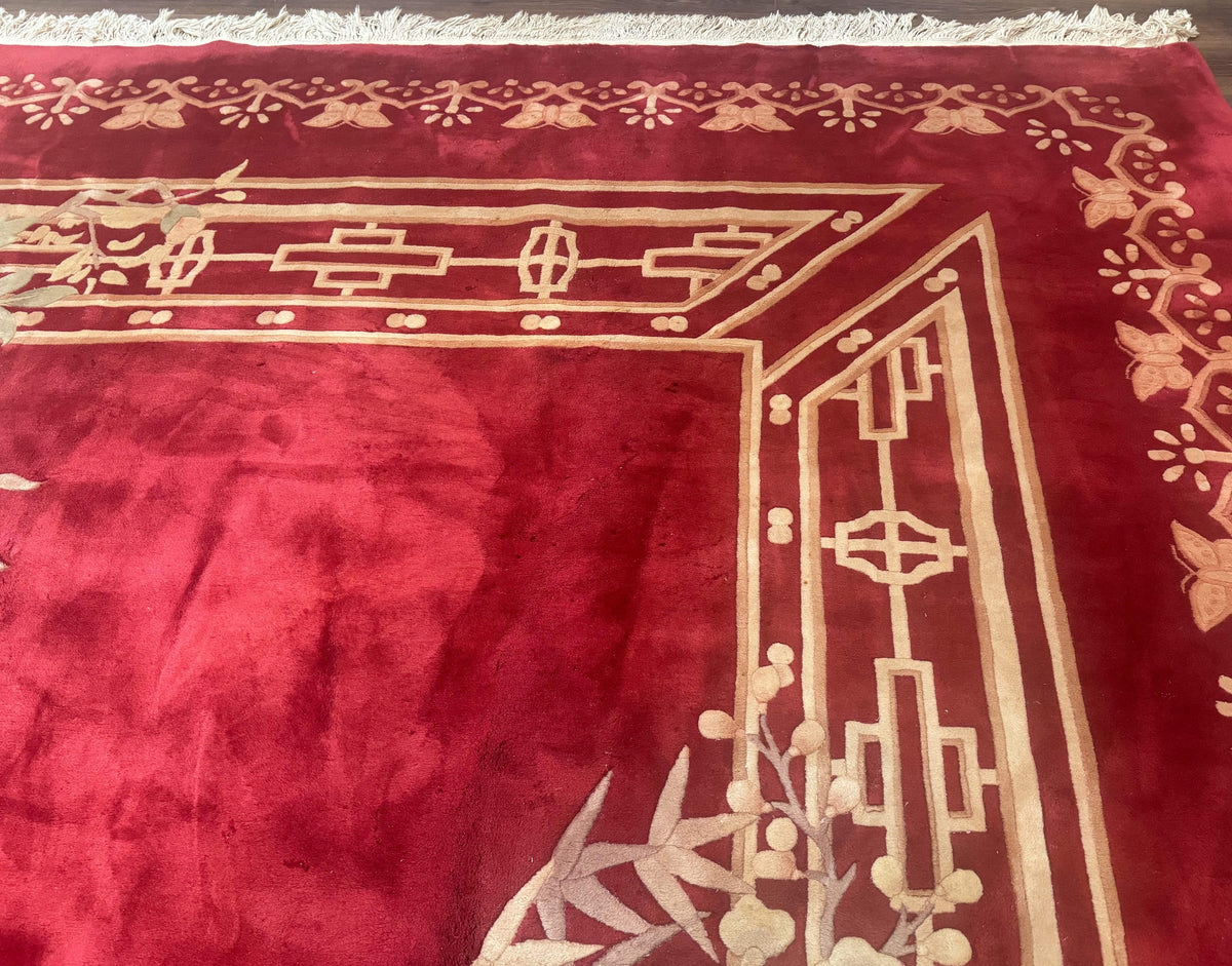 Palace Size Chinese Wool Rug 12x18, Red Art Deco Chinese Carving Carpet, Butterflies Flowers - Jewel Rugs, view 8