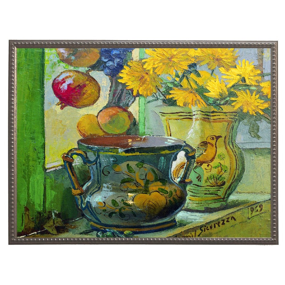 Flowers and Painted Vases in Gold Beaded Frame - Antique Curiosities