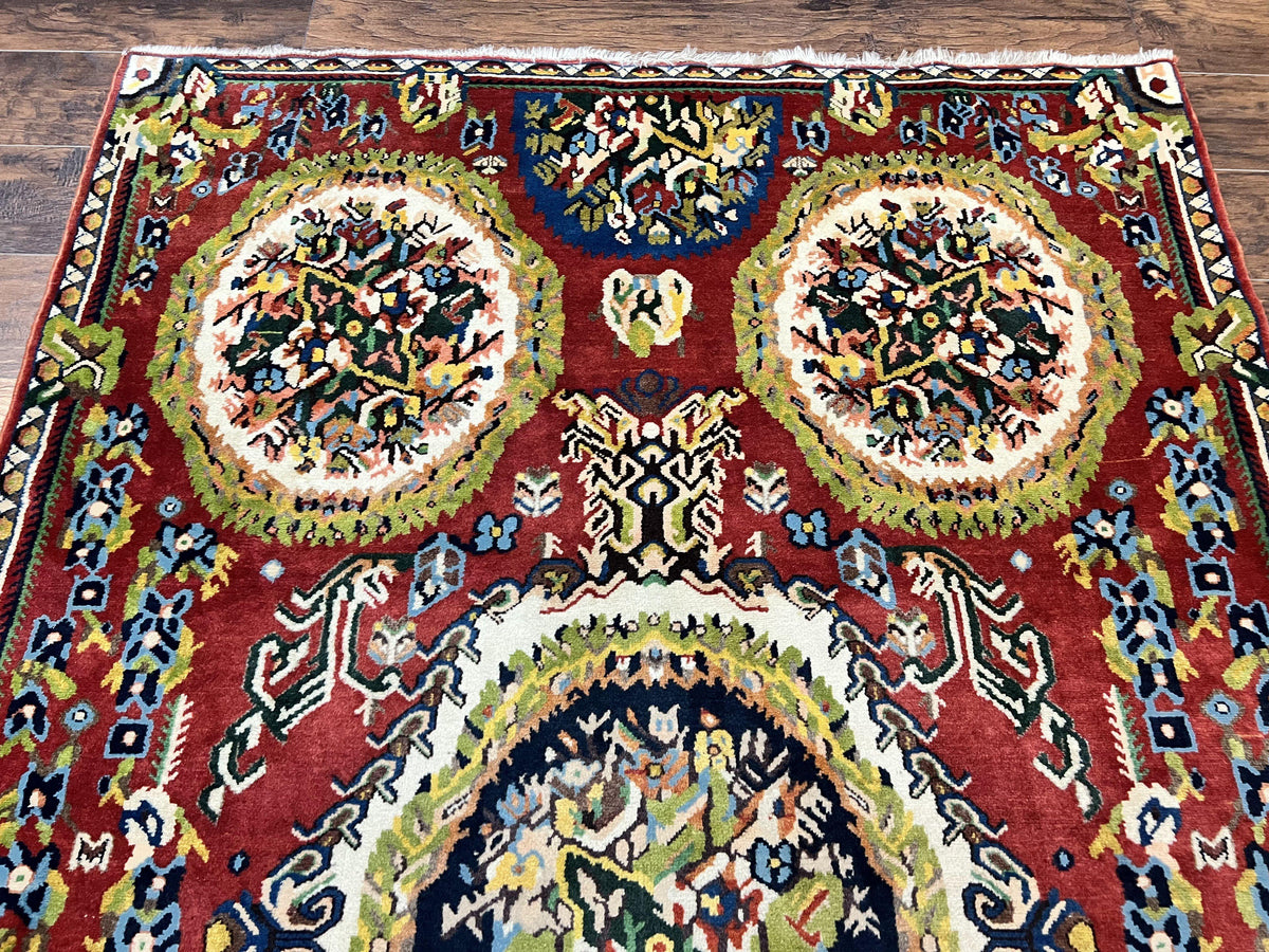Persian Bakhtiari Rug 5x8, Wool Hand Knotted Antique Carpet, Red, Floral Oriental Rug, 5 x 8 Medium Sized Rug - Jewel Rugs, view 4