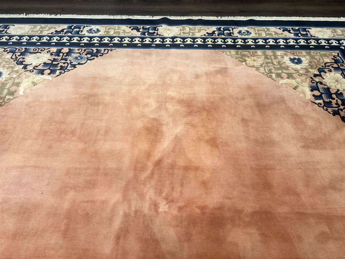 Chinese Wool Rug 11x18, Palace Sized Chinese Carpet, Peking Rug, Peach and Blue, Open Field, Simple Design, Art Deco Rug, Large Handmade Rug - Jewel Rugs, view 4