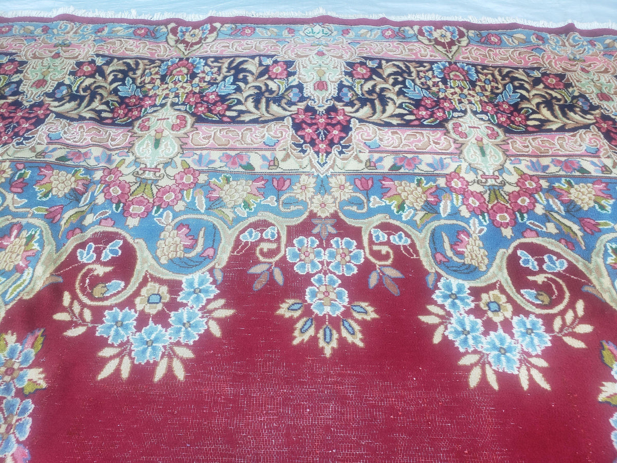 Antique Persian Kirman Rug 10x17 Oriental Carpet 10 x 17, Red, Multicolor, Namazian Signature Master Weaver, Shabby Chic, Semi Open Field - Jewel Rugs, view 4
