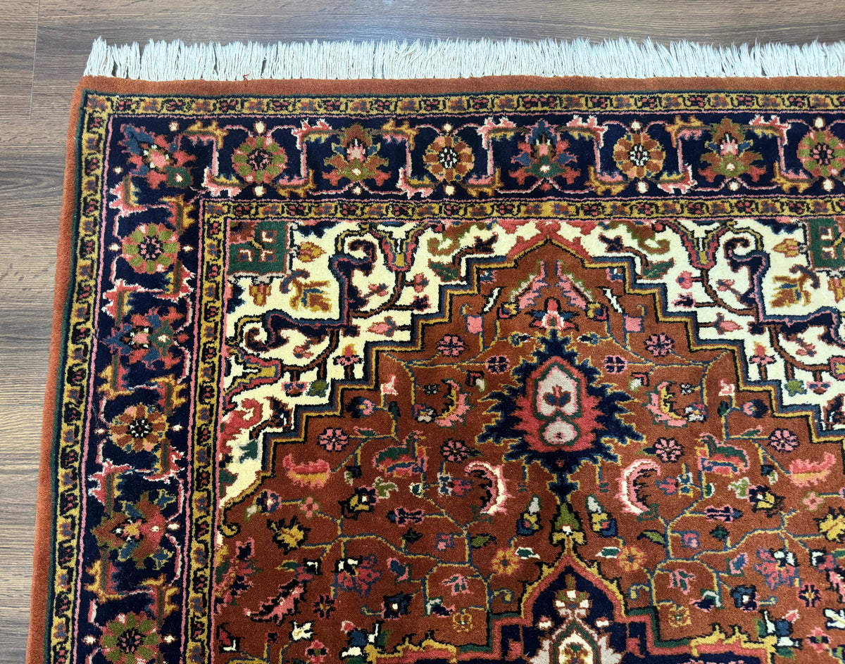 Indo Persian Heriz Rug 4x6, Rust Red Navy Blue and Cream - Jewel Rugs, view 7