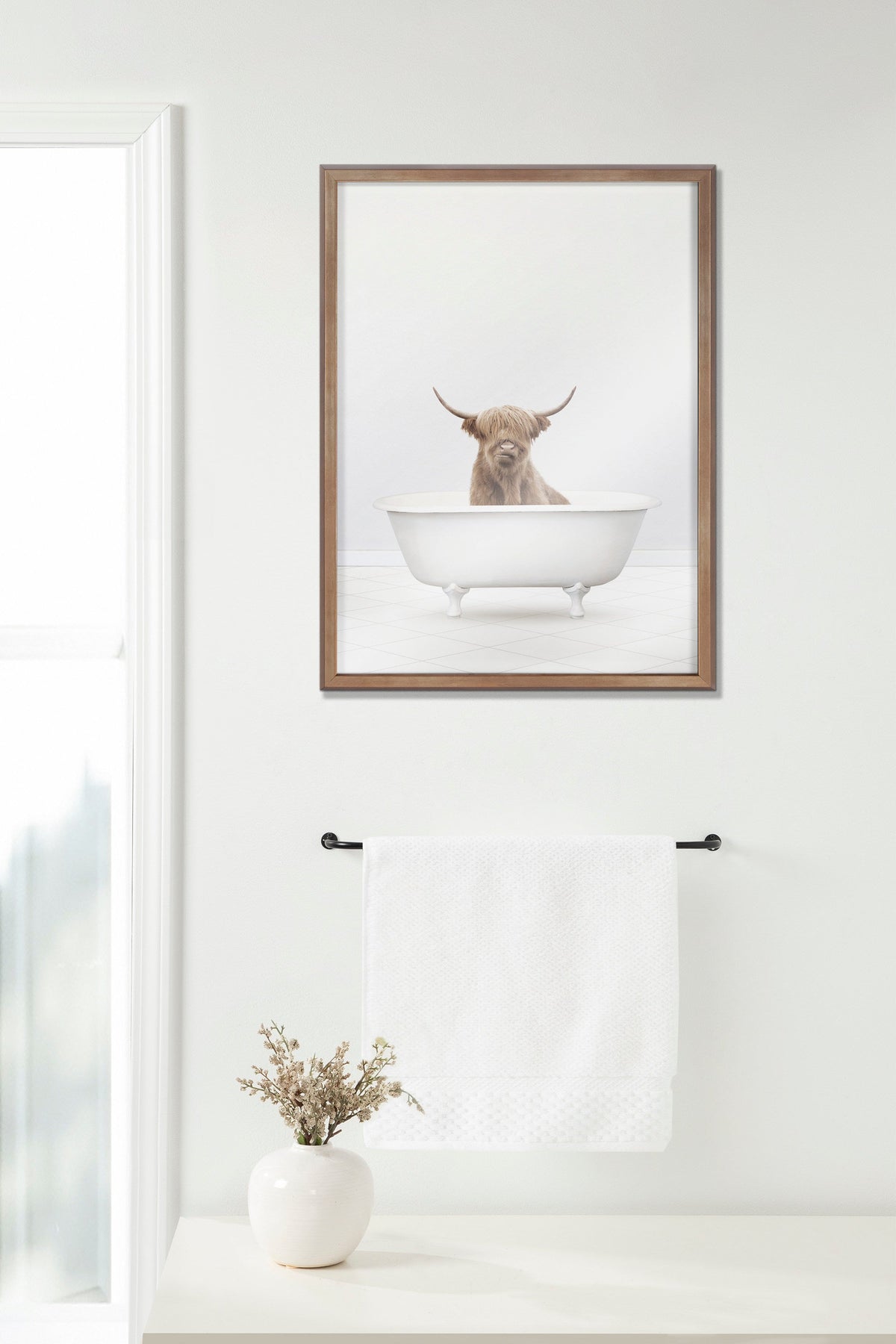 Blake Highland Cow Solo Bathtub Framed Printed Glass by Amy Peterson Art Studio