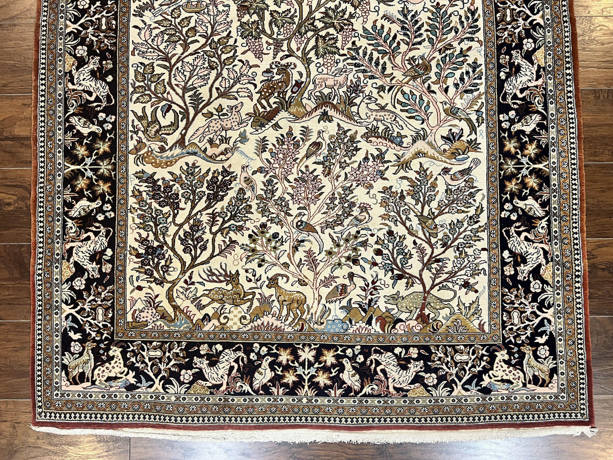 Persian Qum Tree of Life Rug 5x7, Wool and Silk Highlights, Animal Motifs, Vintage Hand Knotted Handmade Cream & Black Fine Oriental Carpet - Jewel Rugs, view 6