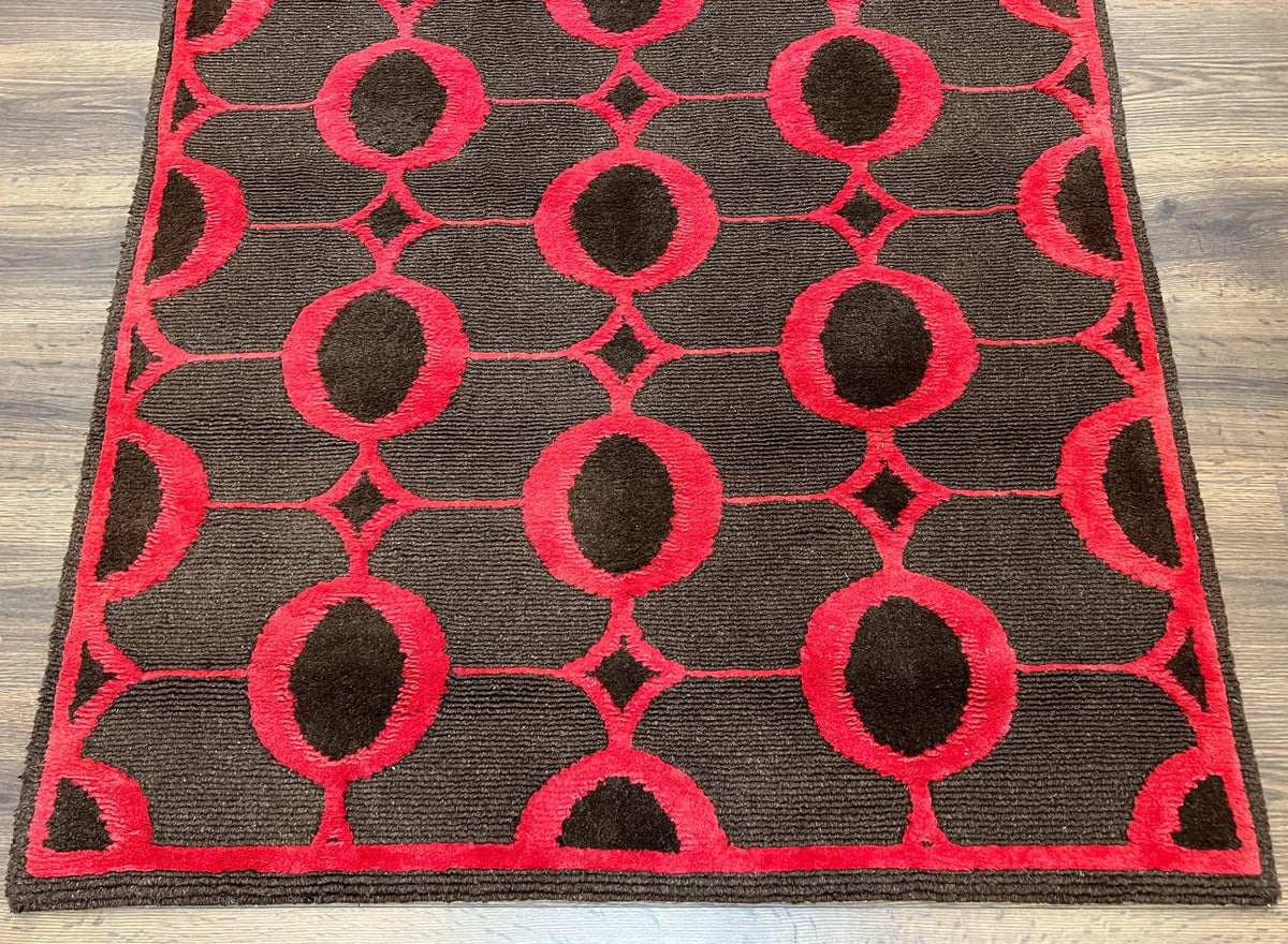 Modern Tibetan Rug 3.8 x 5.7, Raspberry Red and Dark Brown, Abstract Circle Design, Hand Knotted, Soft Wool Handmade Tibet Nepali Carpet 4x6 - Jewel Rugs, view 6