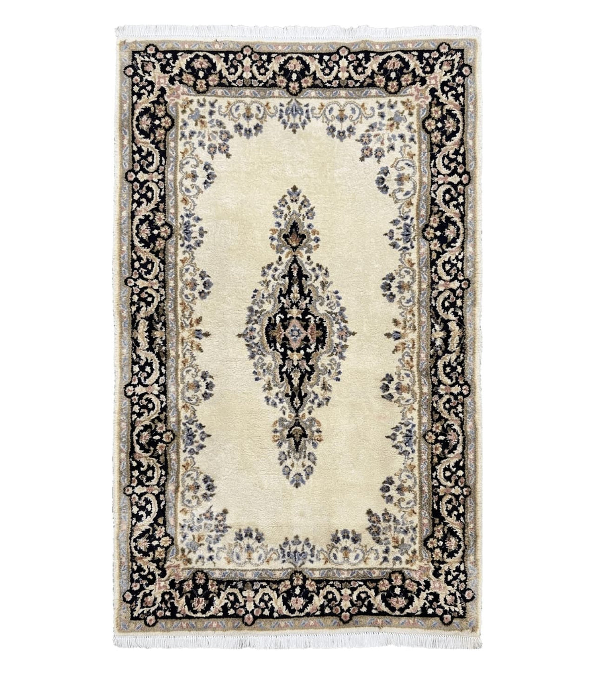 Persian Kirman Rug 4x7, Wool Hand Knotted Antique Carpet, Beige, Semi Open Field Medallion Rug, Traditional Handmade Oriental Rug - Jewel Rugs