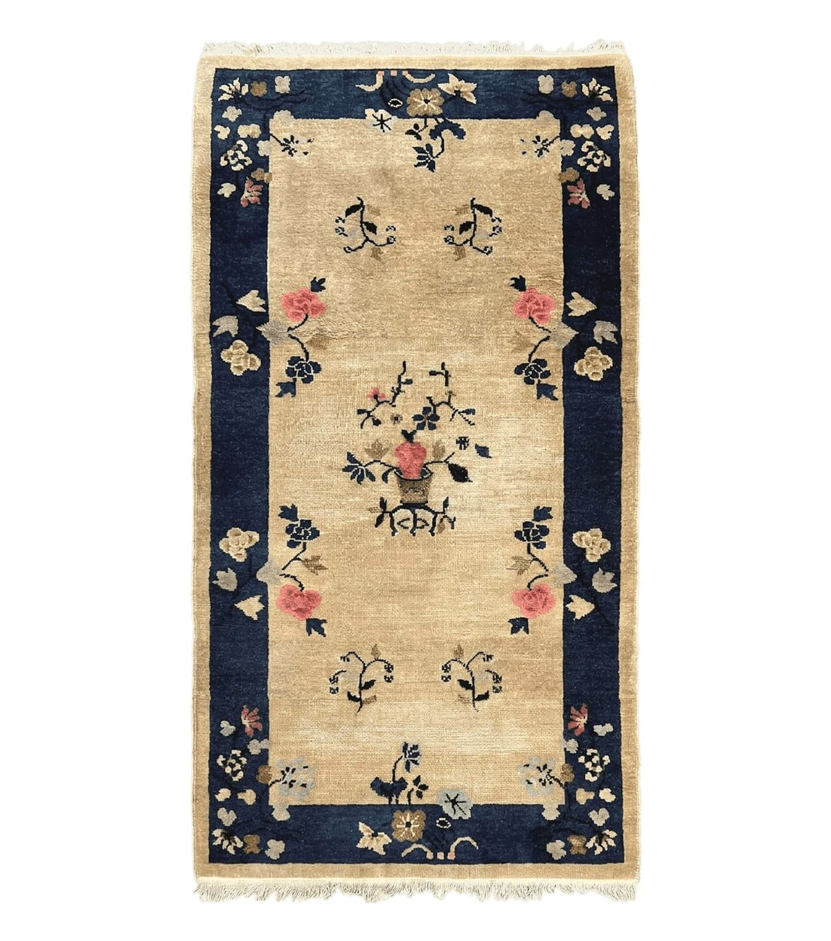 Antique Chinese Peking Rug 3x6, Beige and Dark Blue Hand Knotted Handmade Asian Oriental Carpet, Floral Vases, Vintage Wool Art Deco Rug - Jewel Rugs