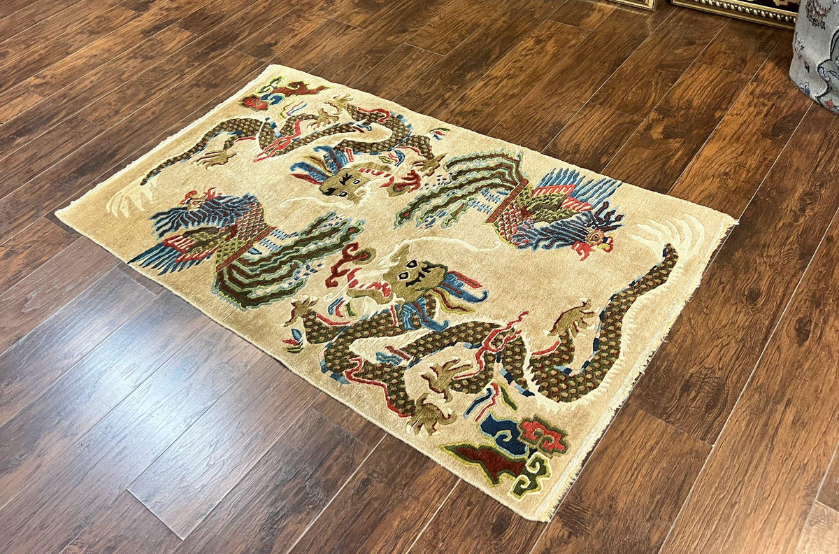 Antique Chinese Peking Rug 3 x 5.6, Dragon Motifs, Handmade Wool Asian Oriental Carpet - Jewel Rugs, view 3