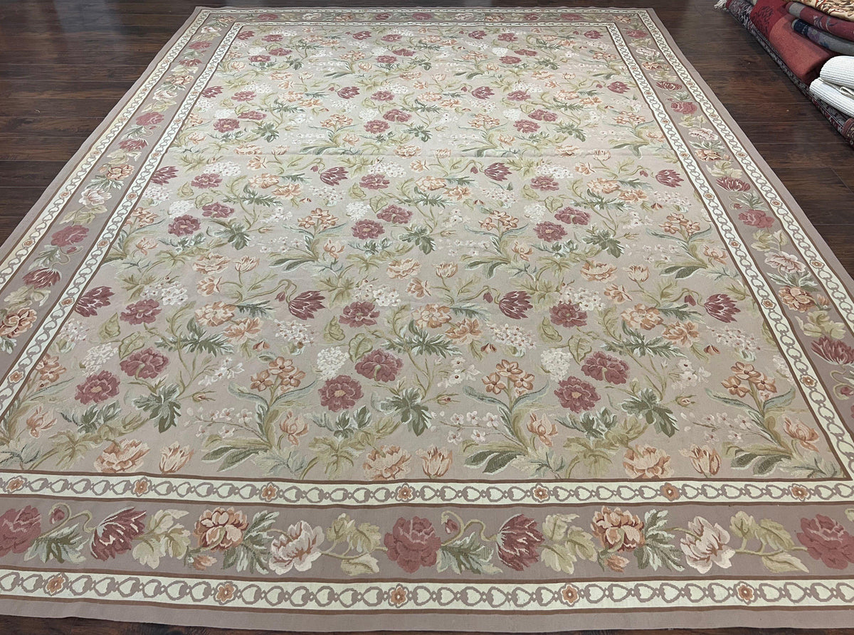 Aubusson Rug 9x12, Pink Beige Light Mauve, Handmade Allover Floral Roses, Wool Flatweave Carpet 9 x 12 ft, European French Design, Elegant - Jewel Rugs, view 2