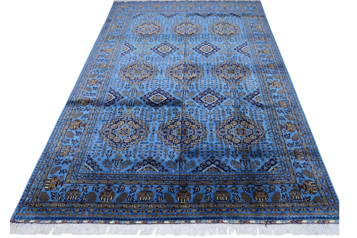 Afghan Rug 7x10 | Blue, Navy & Gold | Hand-Knotted Wool - Rugistan