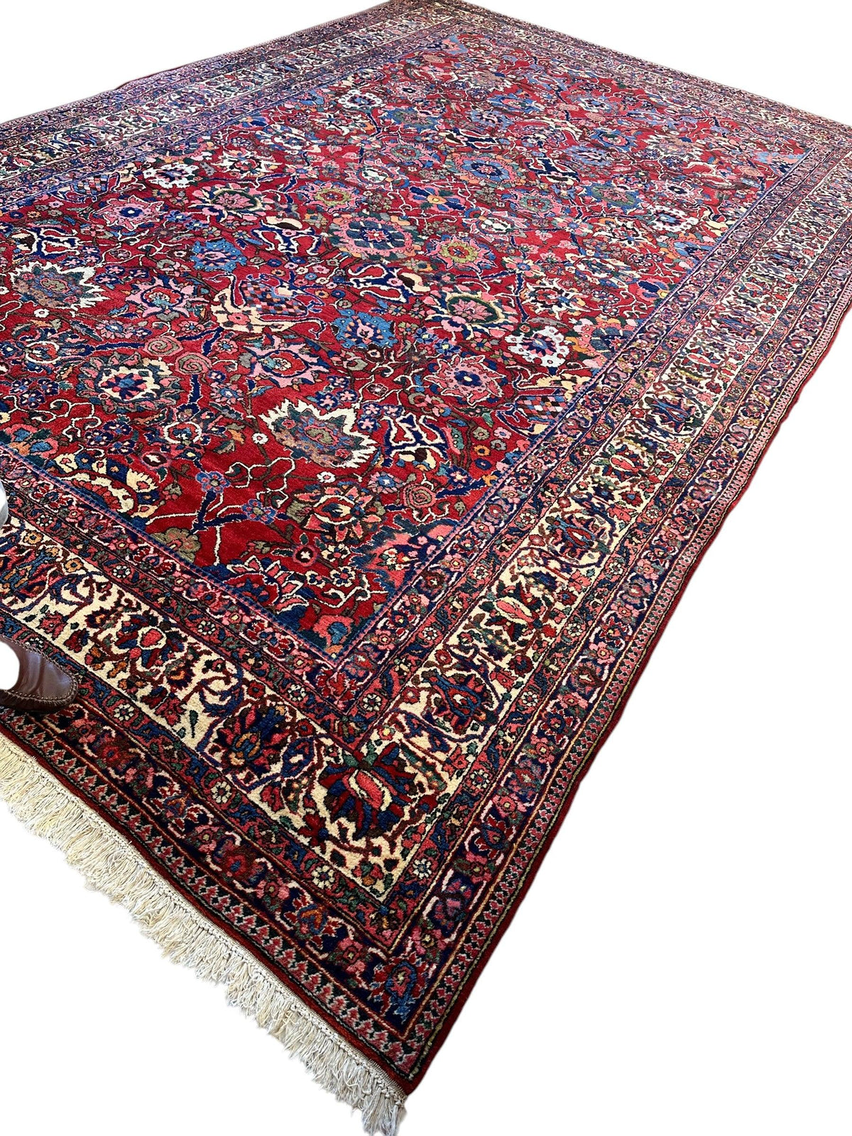 Antique Persian Bakhtiari Rug 9x13 | Red, Navy & Ivory | Hand-Knotted Wool - Rugistan, view 4