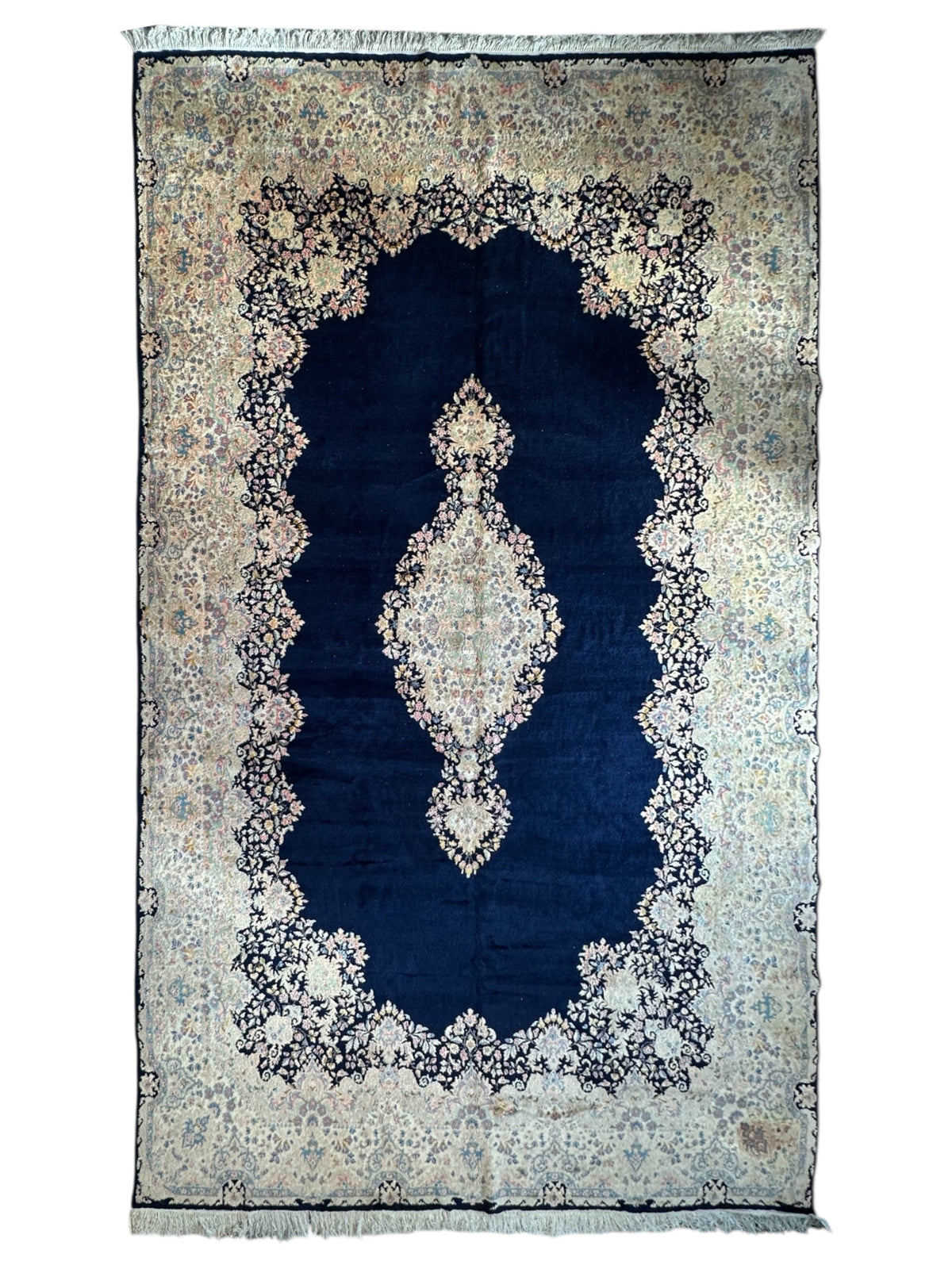 Vintage Persian Kerman Rug 10x17 | Beige, Navy & Ivory | Hand-Knotted Wool - Rugistan