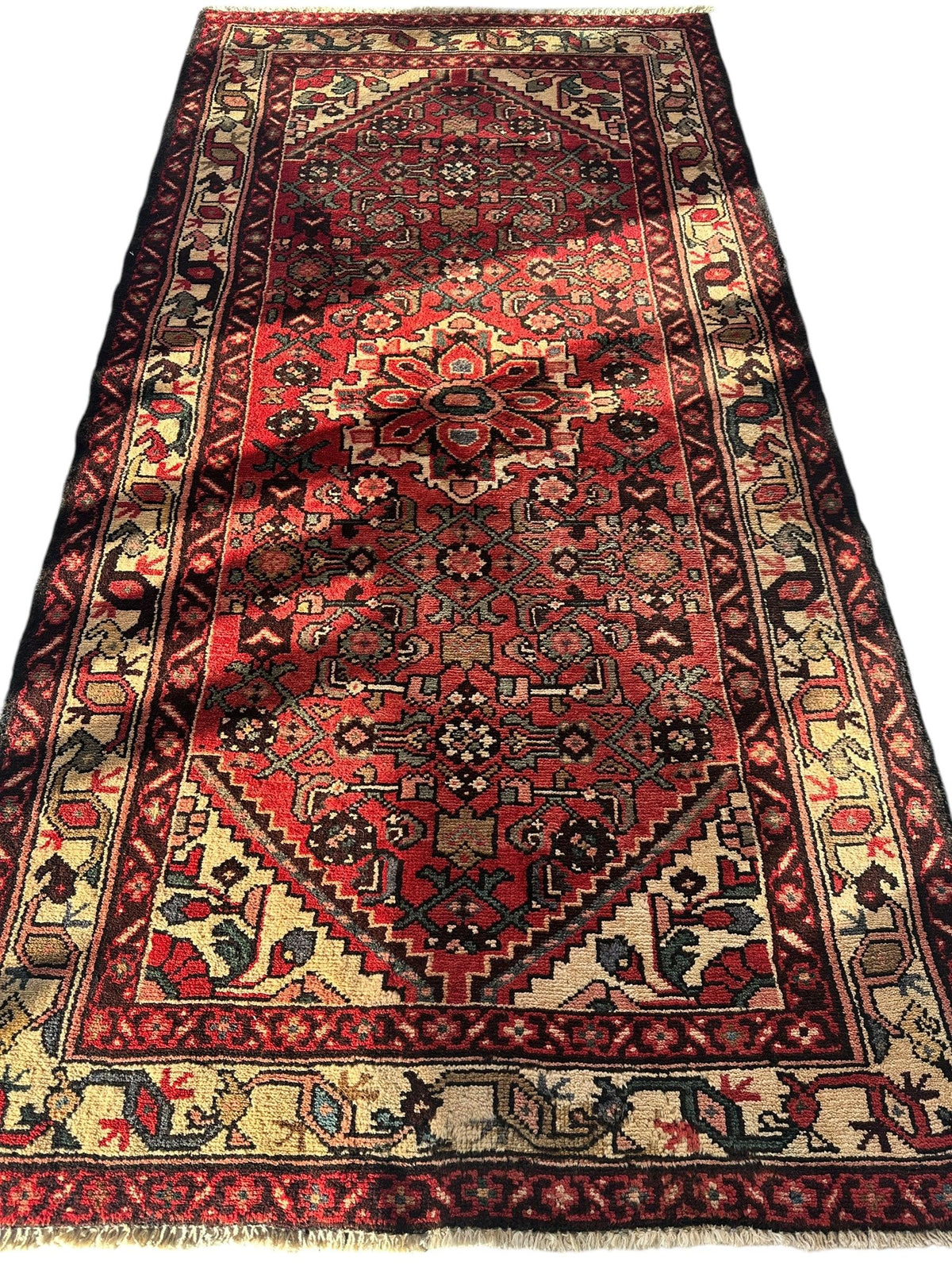 Antique Persian Hamadan Rug 4x7 | Red, Navy & Ivory | Hand-Knotted Wool - Rugistan, view 4