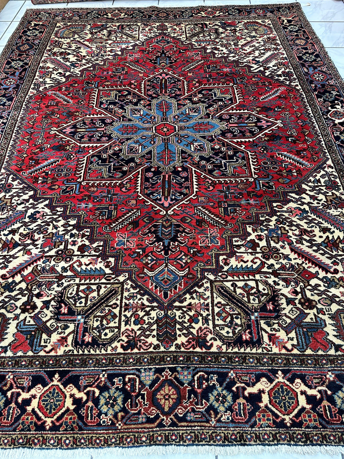 Vintage Persian Heriz Rug 9x12 | Red, Ivory & Navy | Hand-Knotted Wool - Rugistan, view 3