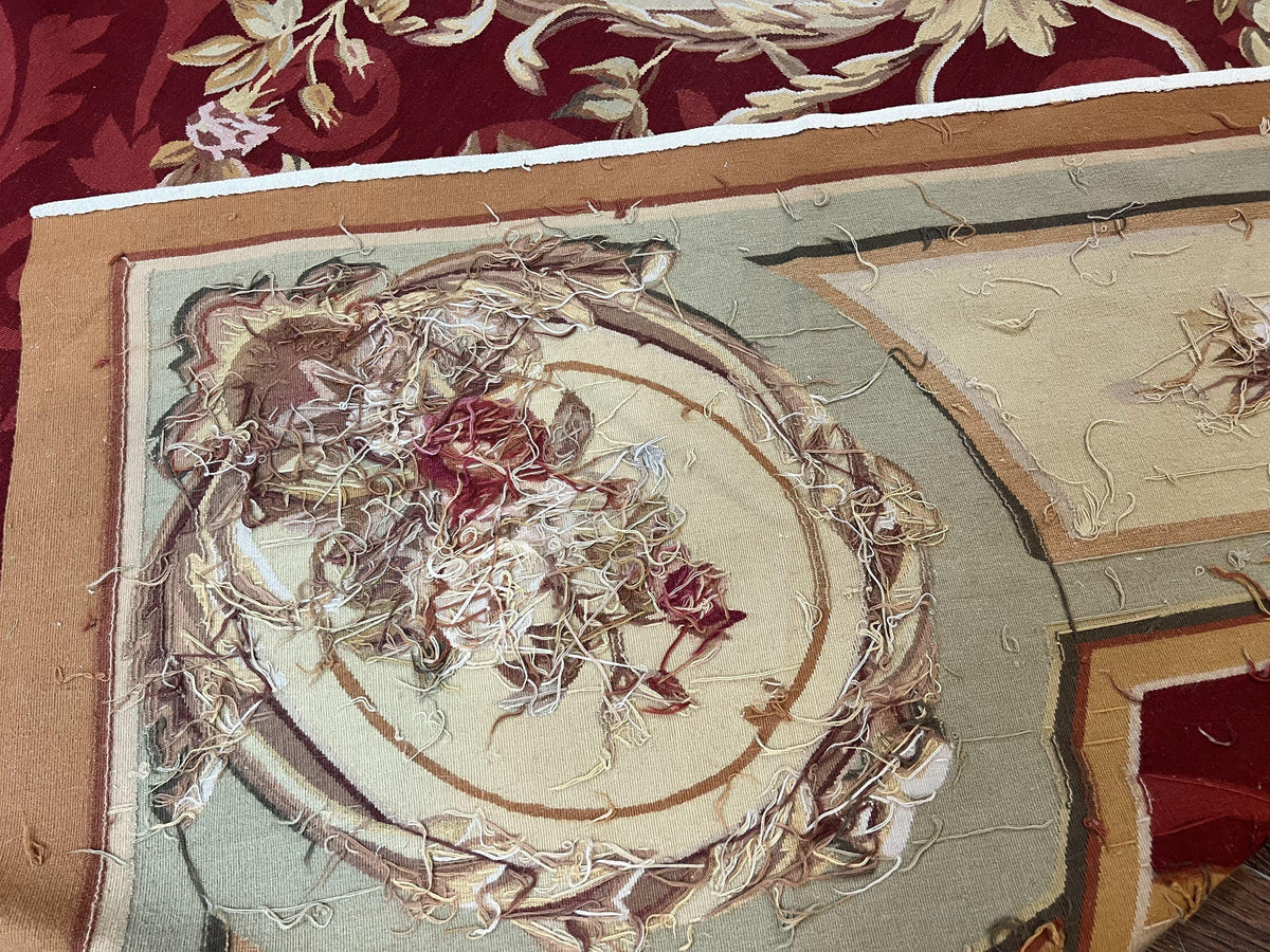 Large Aubusson Rug 10x14, Wool Handmade Vintage Carpet, Dark Red Ivory Tan, French European Elegant Aubusson Weave Rug - Jewel Rugs, view 11