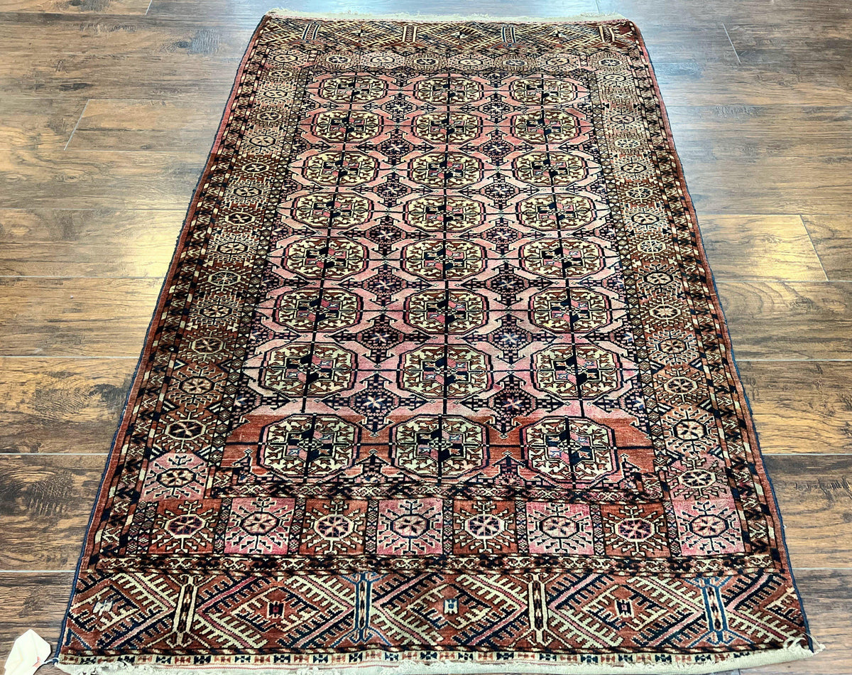 Persian Turkoman Rug 4x6, Wool Hand Knotted Antique Bokhara Carpet, Red Pink, Handmade Tribal Oriental Rug 4 x 6 ft - Jewel Rugs, view 2
