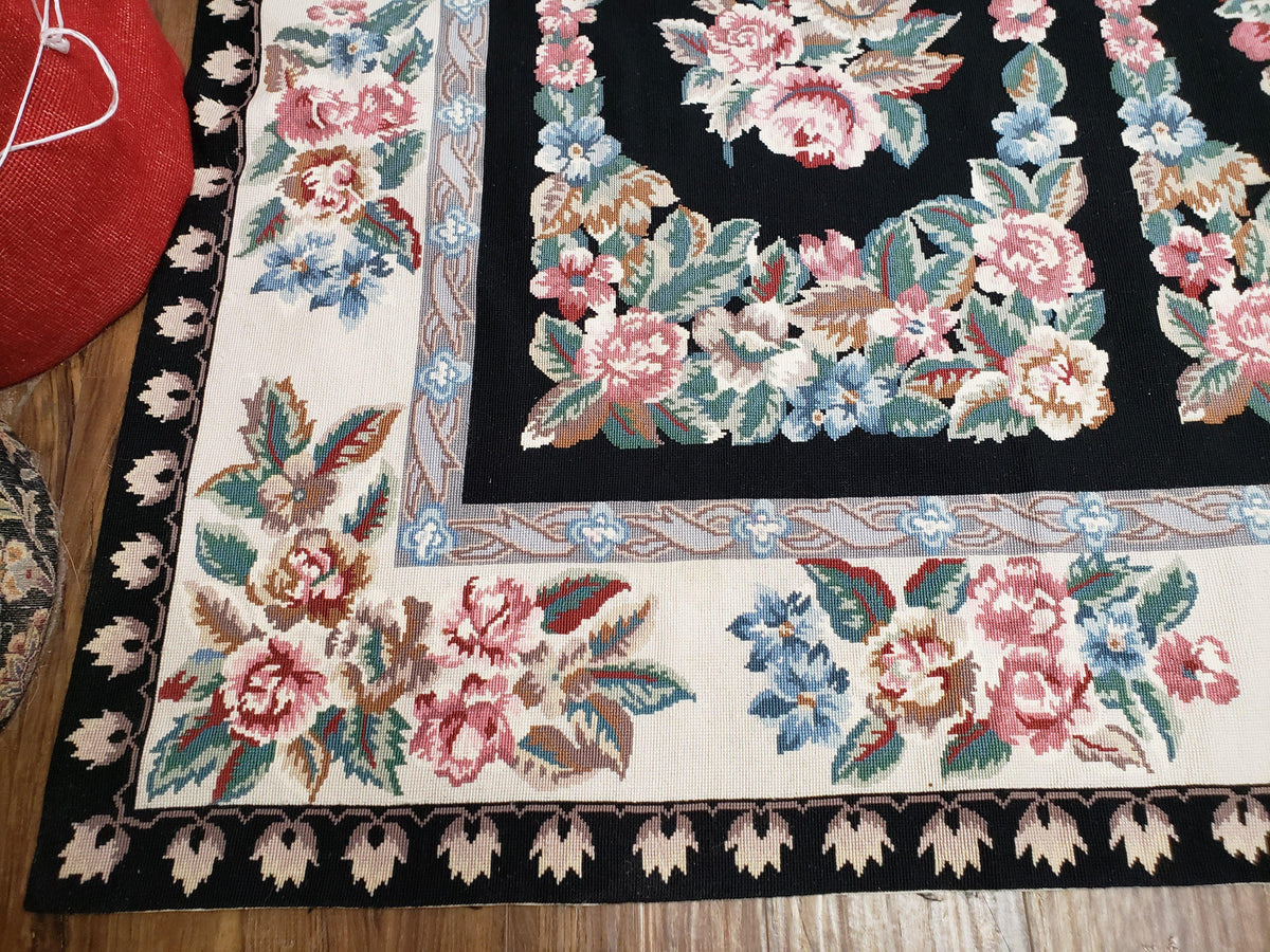Floral Needlepoint Rug 9.5 x 13.6, Floral Panel Design, Black and Ivory Flatweave Aubusson Carpet, Multicolor - Jewel Rugs, view 9