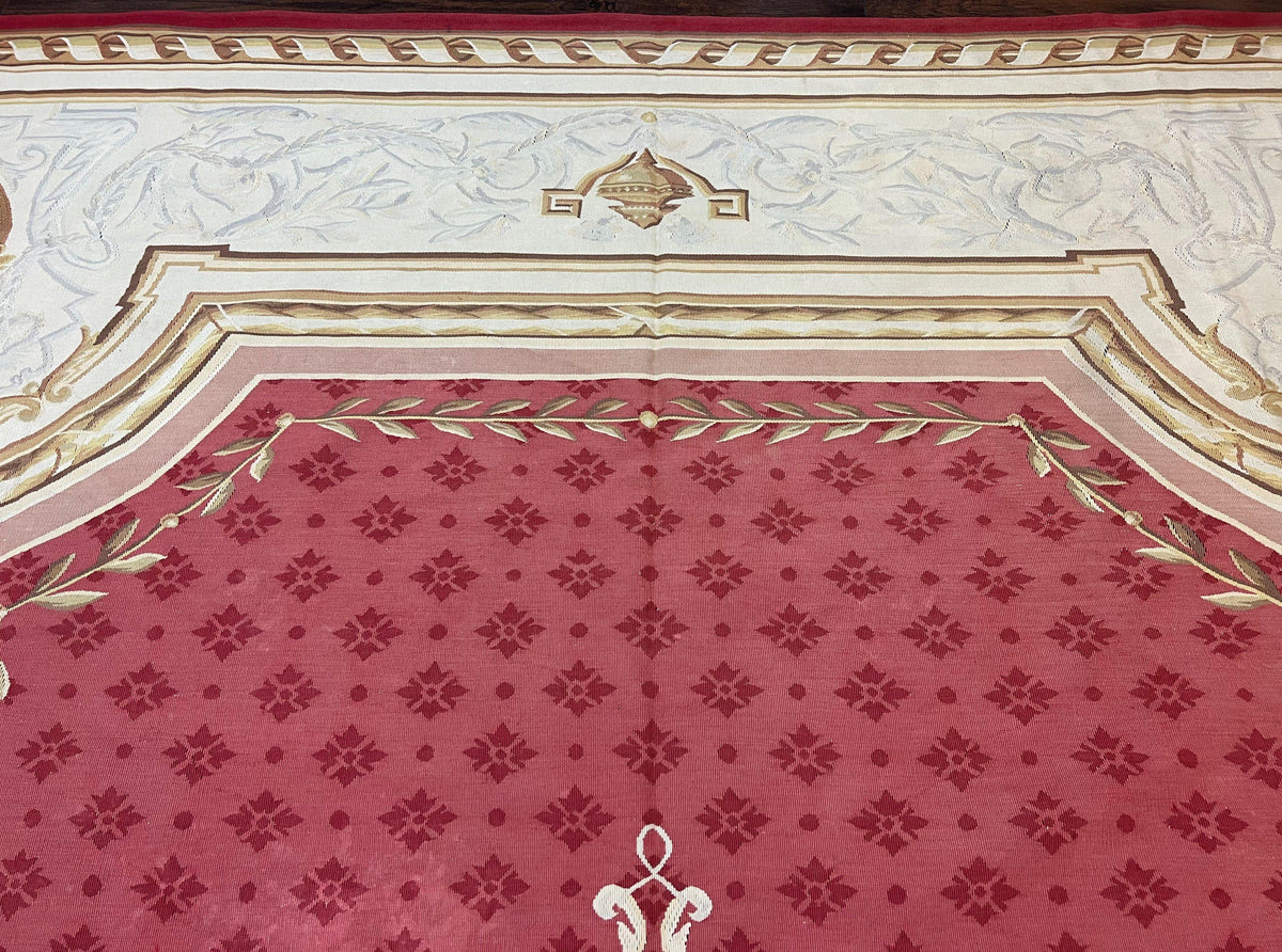 Aubusson Rug 9x12 ft, Red and Ivory Elegant Aubusson Carpet, Flatweave, Vintage Wool Handmade Area Rug 9 x 12, French European Design - Jewel Rugs, view 4