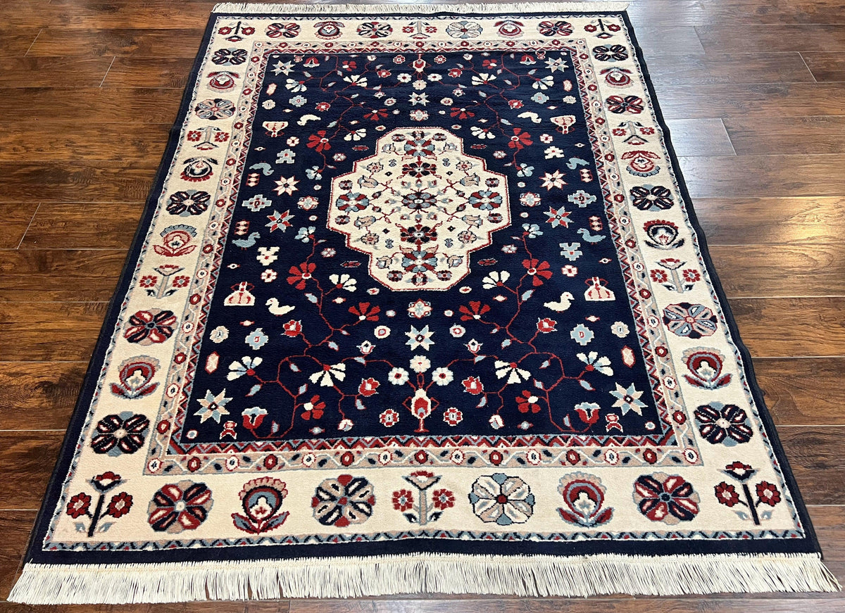 Belgium Power Loomed Rug 5.6 x 7, Navy Blue and Ivory, Heriz Pattern, Vintage Oriental Carpet - Jewel Rugs, view 13