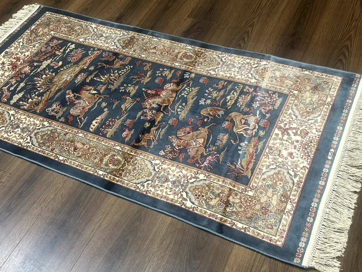 Turkish Silk Hunting Scene Rug 2.6 x 5, Dark Steel Blue & Ivory, Bamboo Silk, New - Jewel Rugs, view 12
