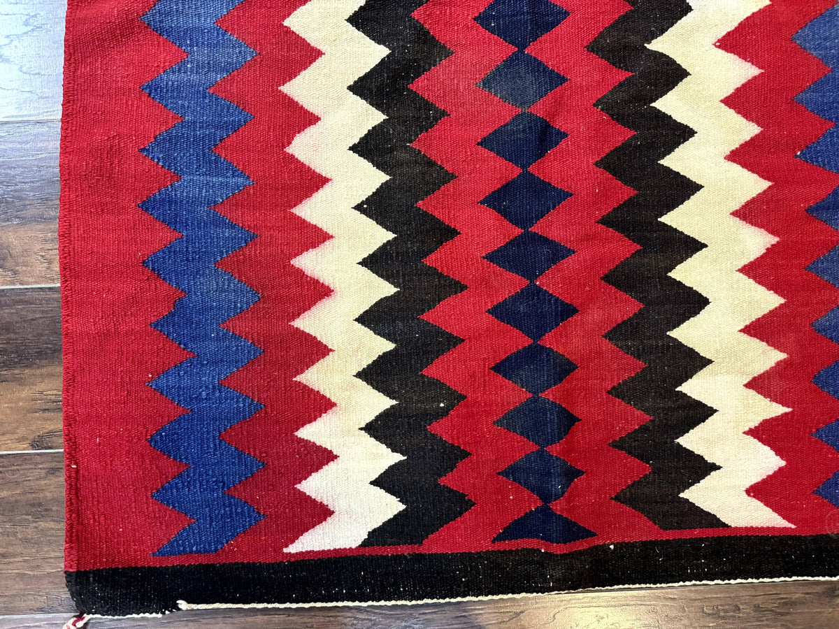Antique Navajo Rug 3.7 x 2.8, Red Ivory Blue, Zig Zag Pattern, Handmade, Wool - Jewel Rugs, view 8