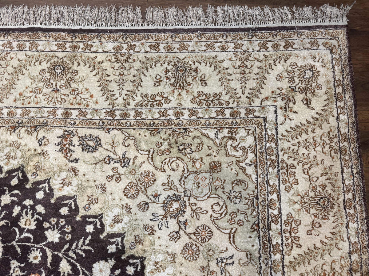 Indian Kashmiri Silk Rug 10x14, Floral Medallion - Jewel Rugs, view 7