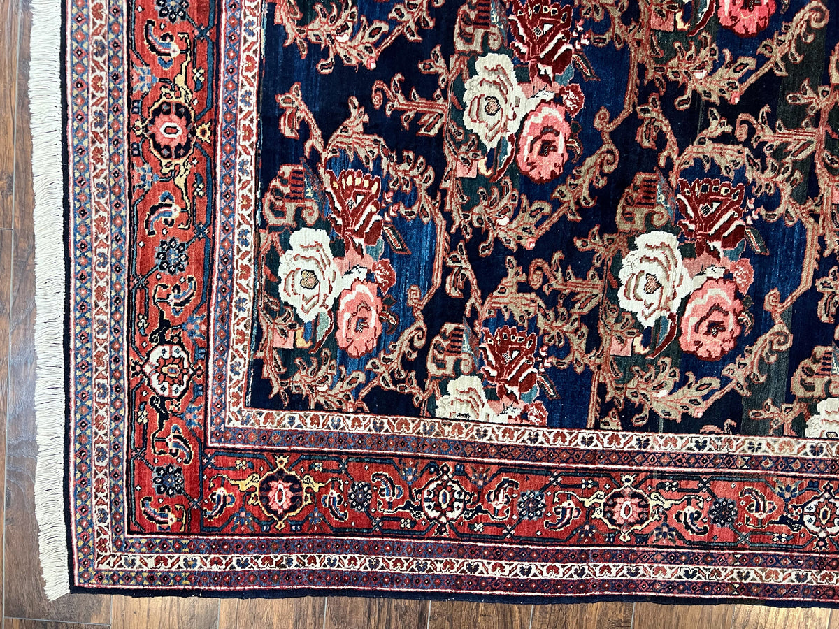 Persian Bidjar Rug 8x11, Floral Bouquets, Blue Black Red Pink, Handmade Hand Knotted Vintage Semi Antique Oriental Carpet - Jewel Rugs, view 8