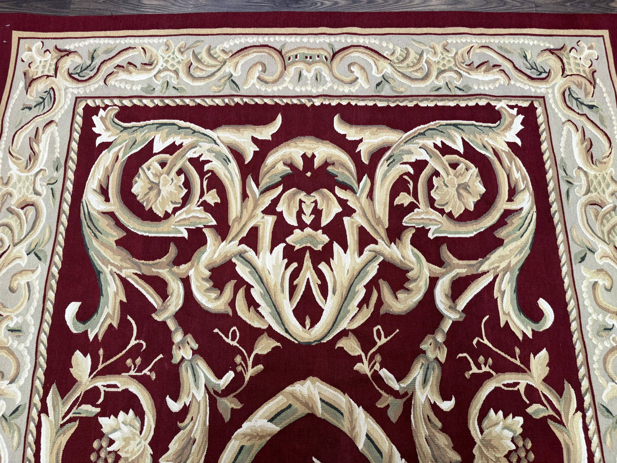 Burgundy Aubusson Rug 6x9, Vintage Wool Carpet - Jewel Rugs, view 4
