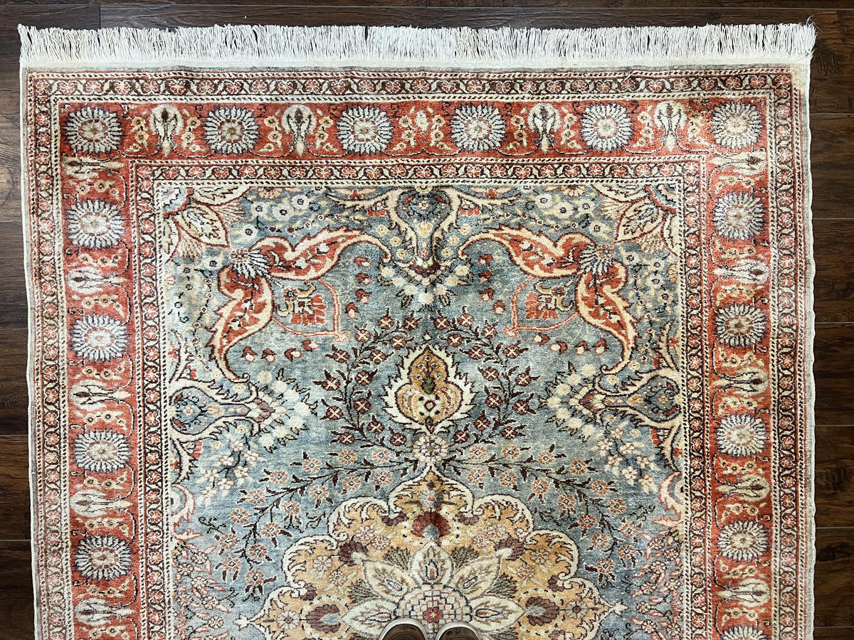Silk Turkish Rug 5x7, Light Blue Silk Carpet, Floral Medallion, Turkish Kayseri Rug, Vintage Handmade Oriental Rug - Jewel Rugs, view 2
