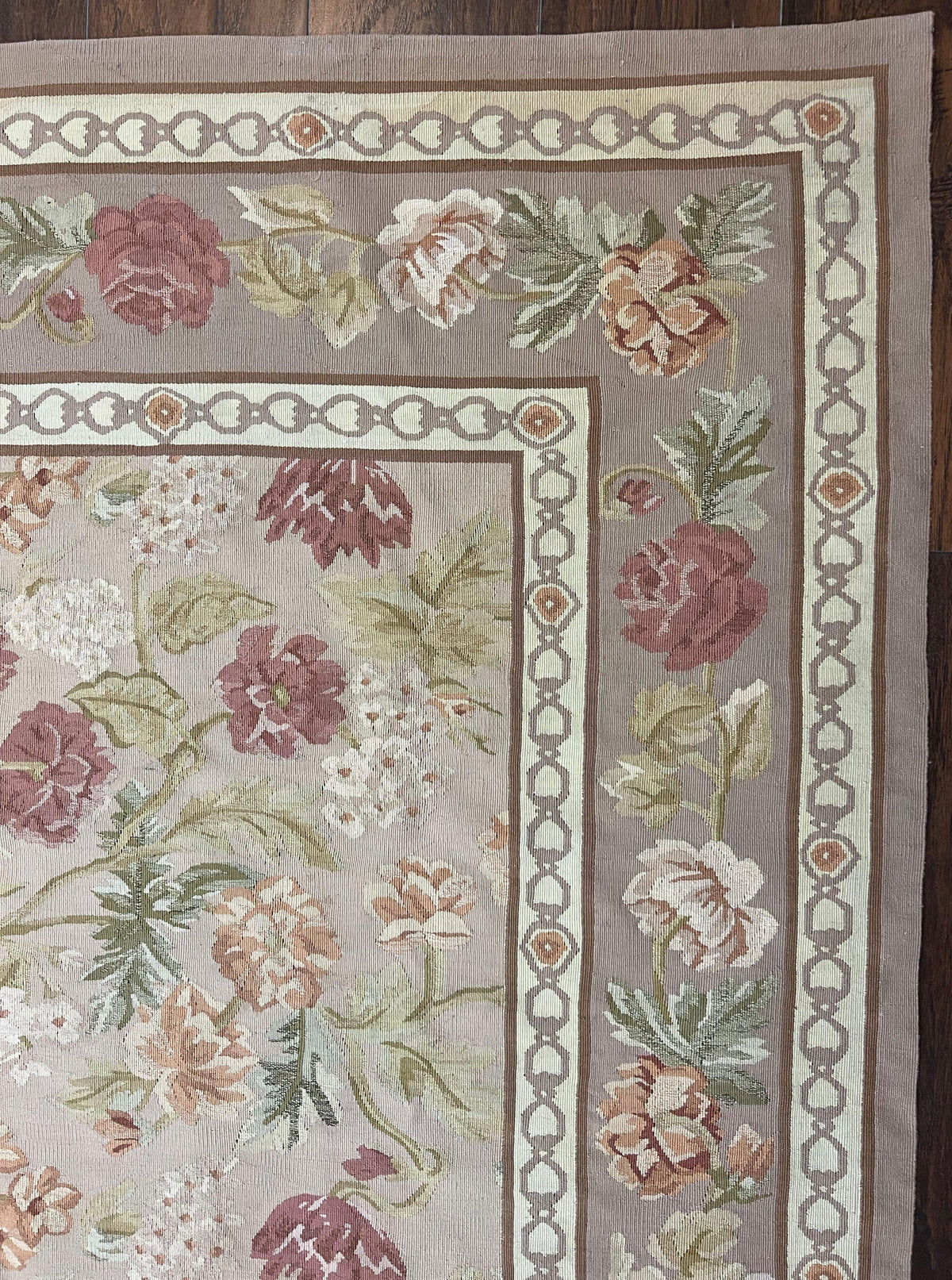 Aubusson Rug 9x12, Pink Beige Light Mauve, Handmade Allover Floral Roses, Wool Flatweave Carpet 9 x 12 ft, European French Design, Elegant - Jewel Rugs, view 8