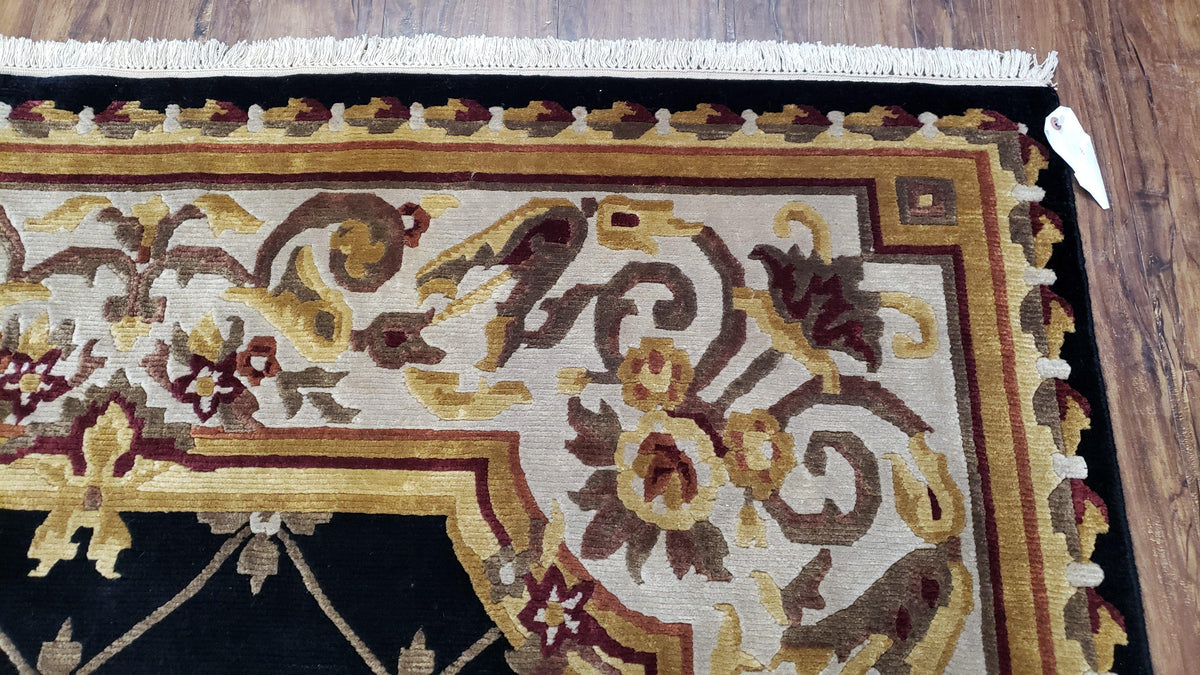 6x9 Nepalese Rug, Aubusson Savonnerie Area Rug 6 x 9 with Soft Pile, Hand-Knotted Wool Black & Beige Tibetan New Carpet European Design - Jewel Rugs, view 8
