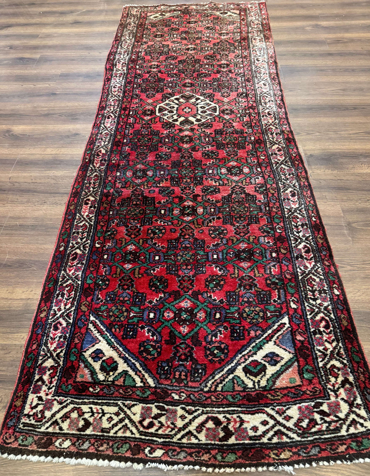 Persian Runner Rug 3x10, Wool Hand Knotted Hallway Rug 3 x 10 ft, Red and Ivory, Hamadan Angelas Runner - Jewel Rugs