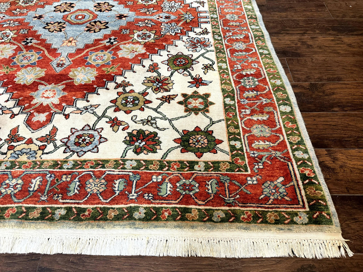 Indo Persian Heriz Rug 7x9, Geometric Pattern, Cream & Light Red, Handmade Vintage Wool Carpet - Jewel Rugs, view 10